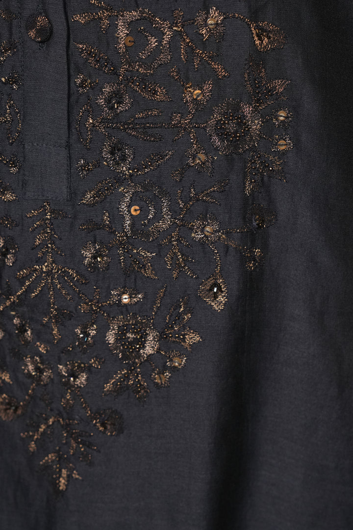 Navy Hand Embroidered Chanderi Kurta with Pants and Dupatta