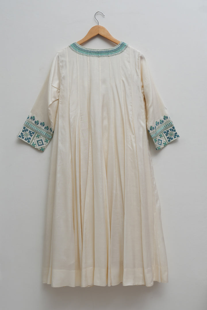 Off White & Teal Embroidered Cotton Silk Kurta Set