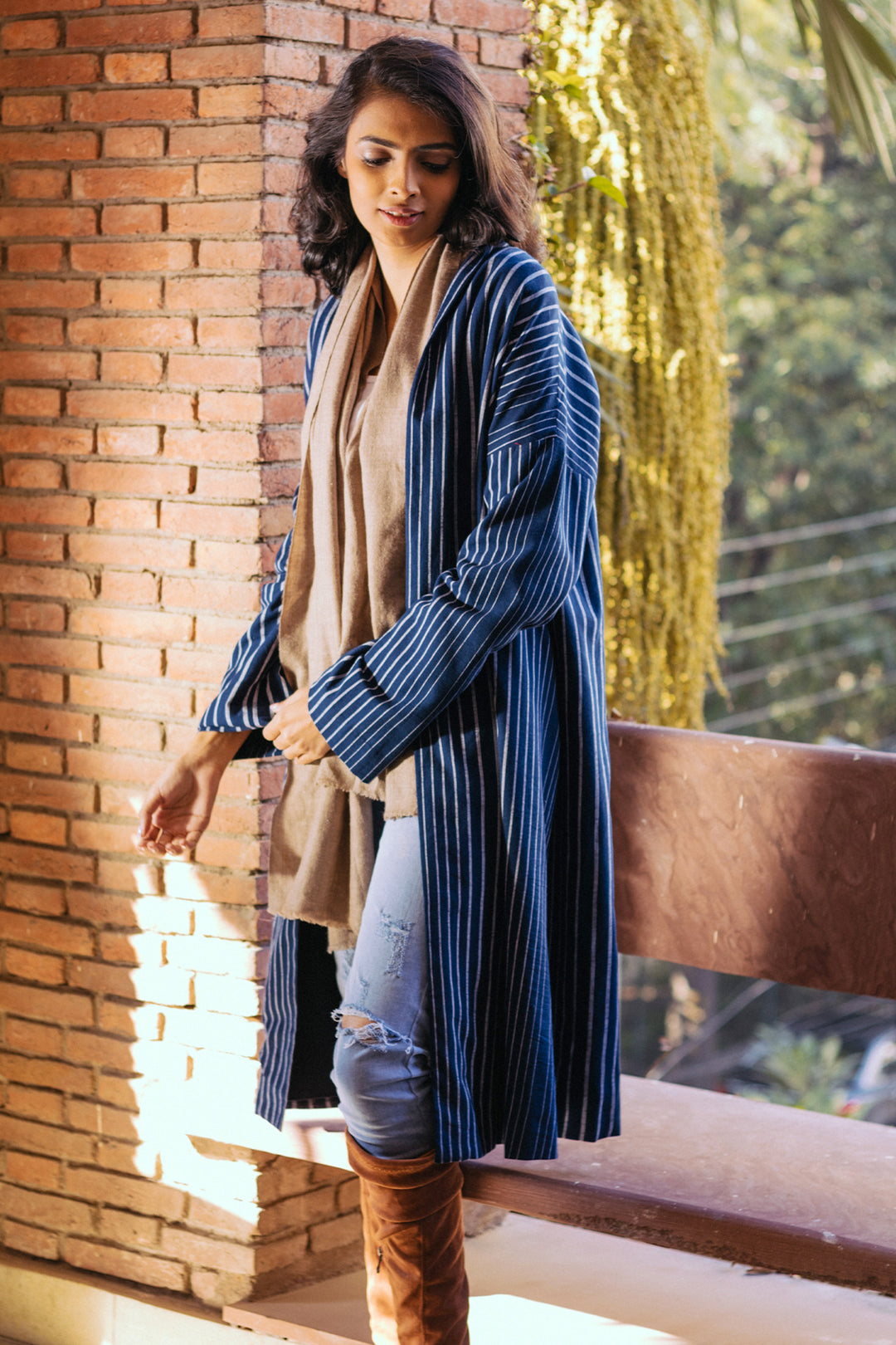 Blue striped cotton long coat