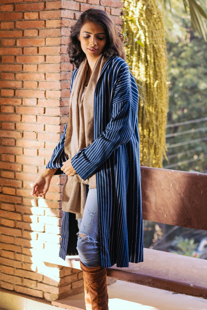 Blue striped cotton long coat