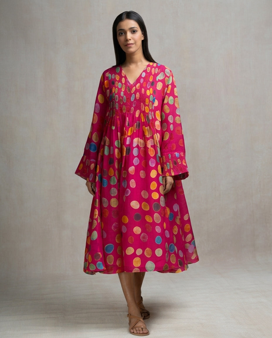 Soft Chanderi Printed Pink Polka Summer Dress
