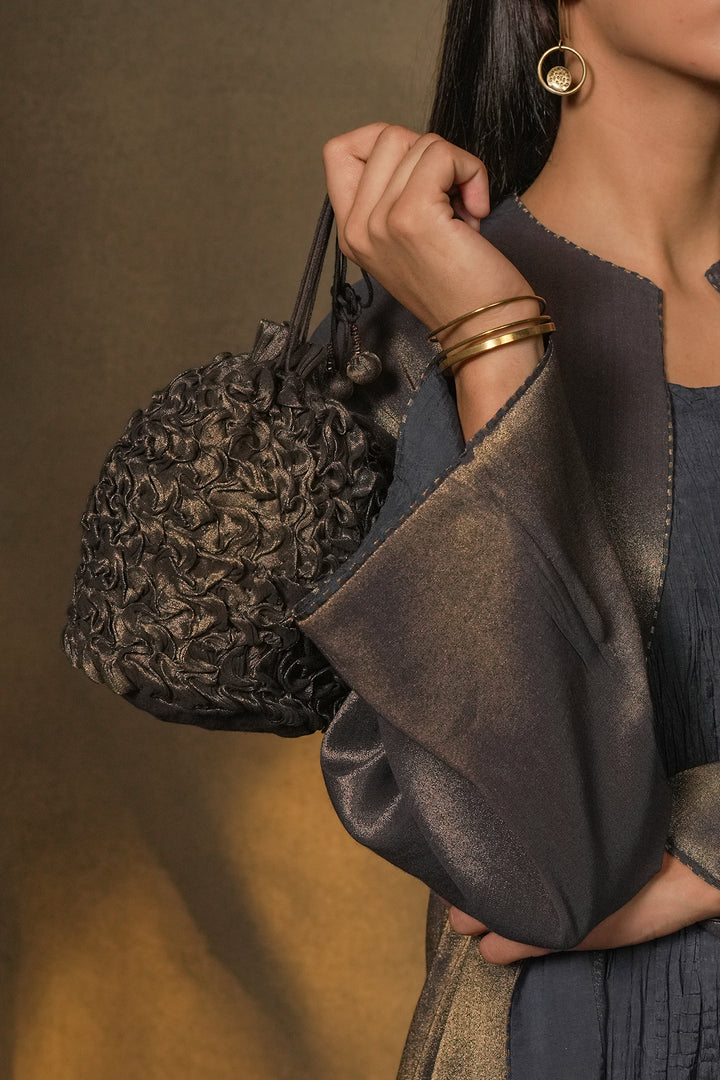 Black/Gold Hand Embroidered Tissue Potli