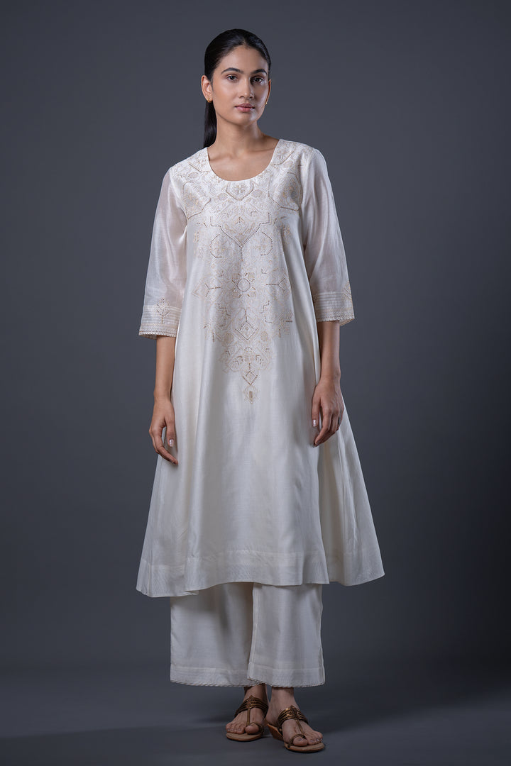 Natural Hand Embroidered Chanderi Kurta