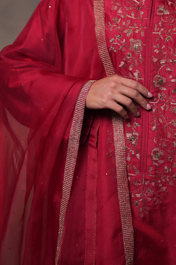 Rust Embroidered Organza Dupatta