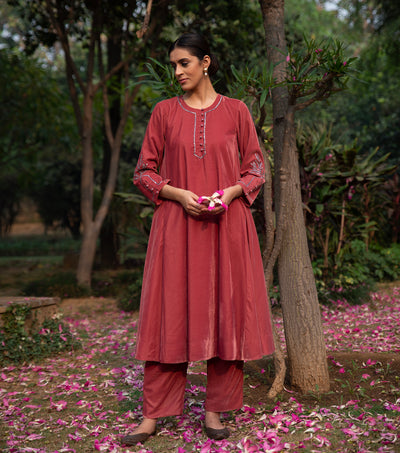 Old Rose Embroidered Velvet Suit Set