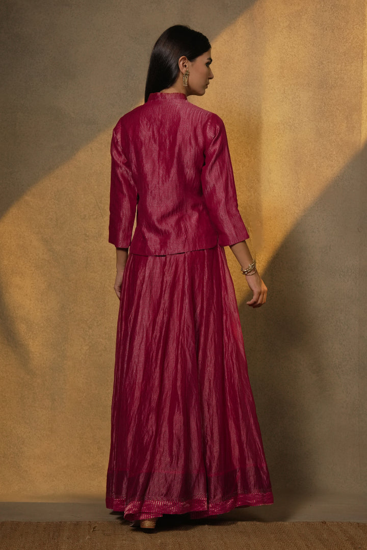 Magenta Pink Hand Embroidered Striped Tissue Skirt