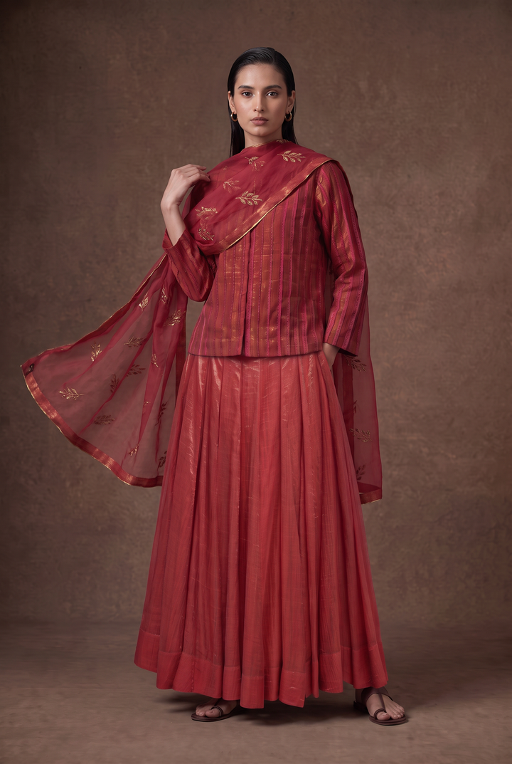 Coral Hand-Embroidered Tissue Lehenga Set