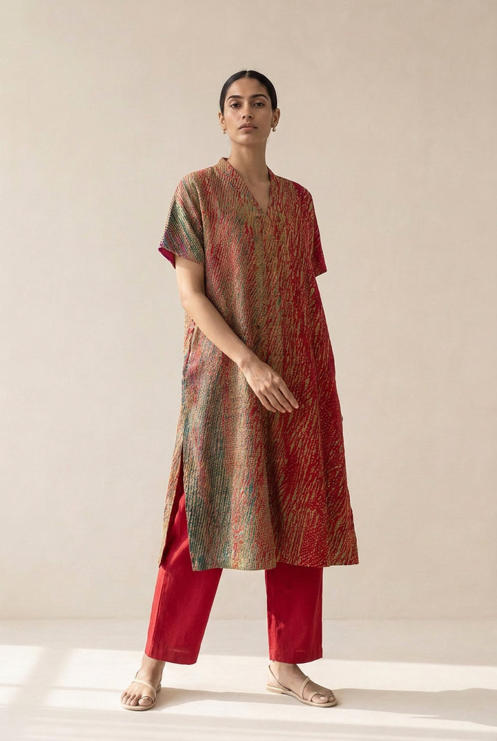 Pink Green Shibori Cotton Silk Kurta