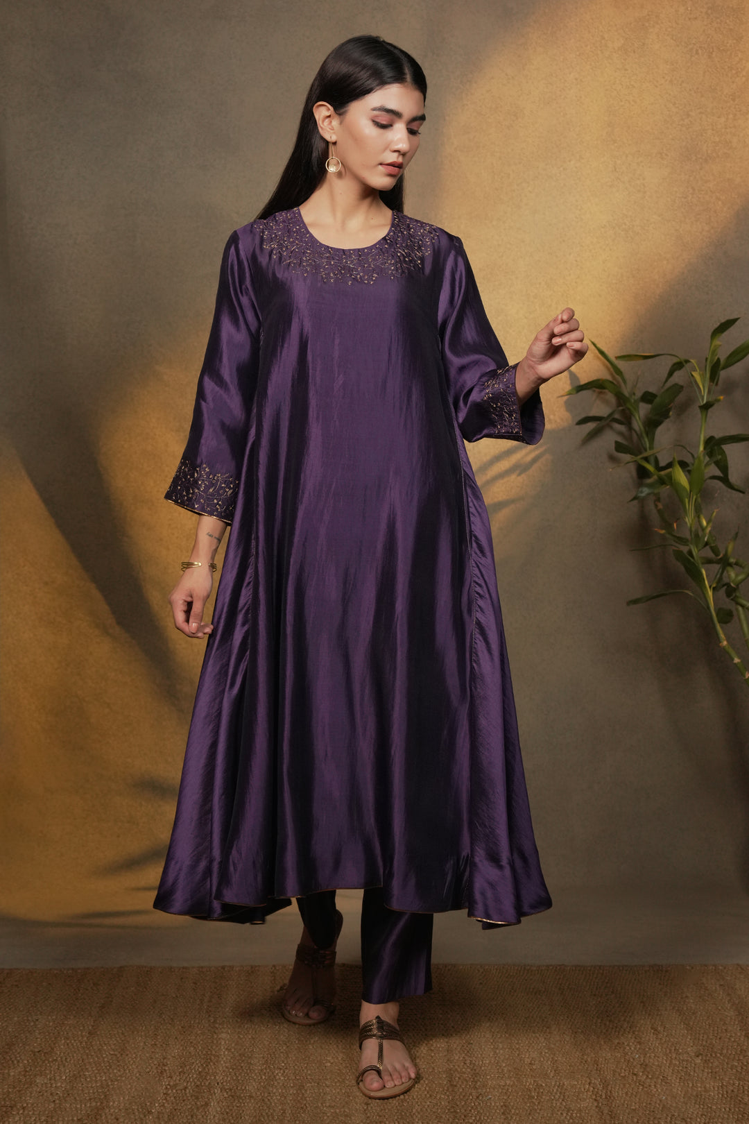 Purple Embroidered Silk Kurta with Pants and Organza Dupatta