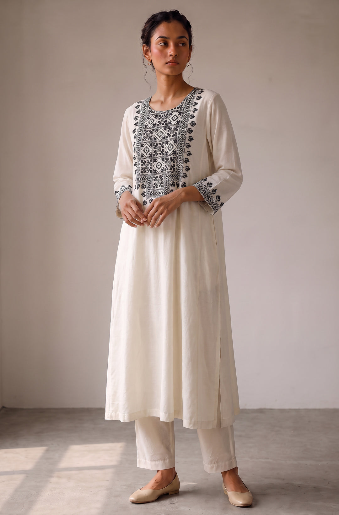 Off-white and Black Embroidered Kurta Set