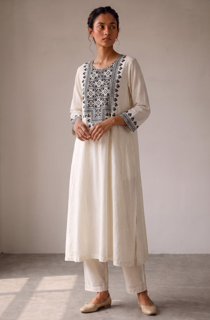 Off-white and Black Embroidered Kurta Set