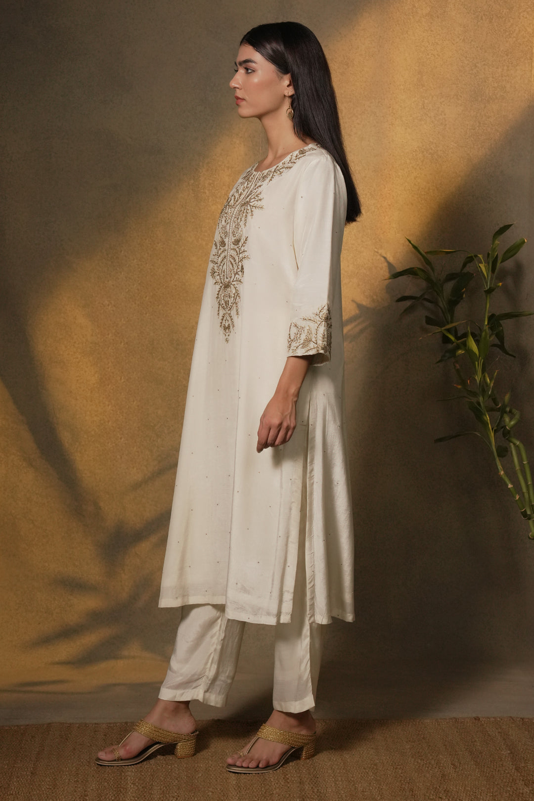 Natural Hand Embroidered Cotton Silk Kurta with Pants and Organza Dupatta
