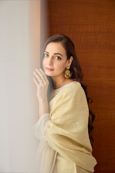 Dia Mirza in Beige Patchwork & Embroidered Chanderi Suit Set