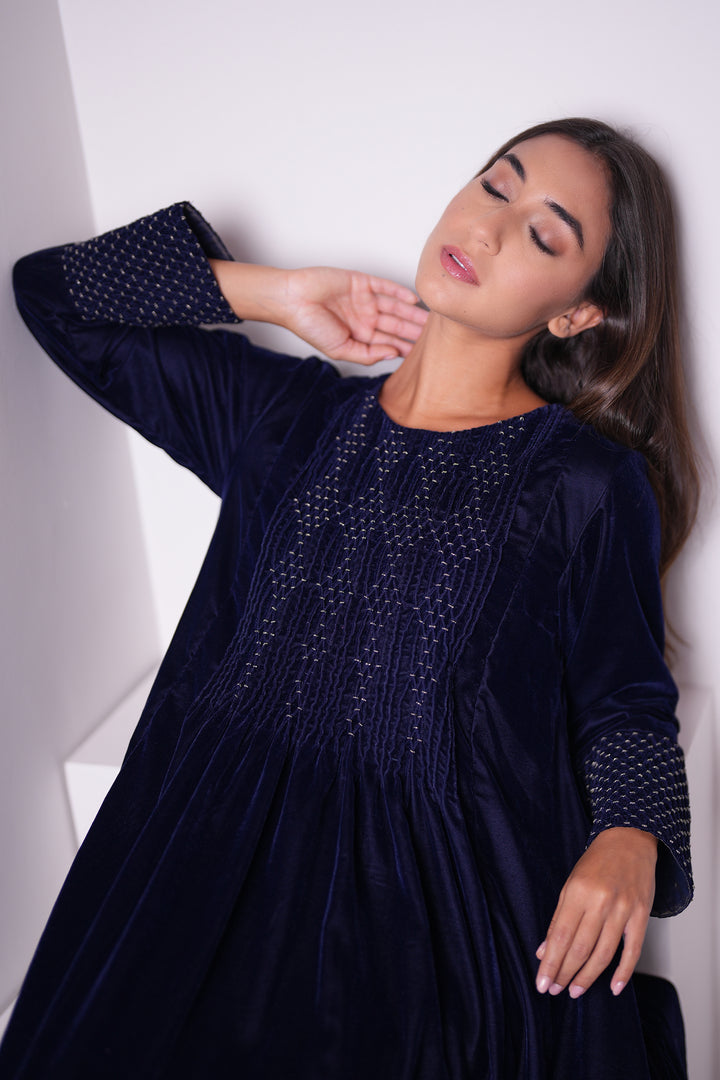 Navy Hand Embroidered Velvet Dress
