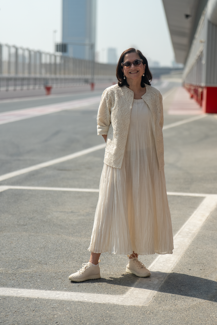 Anupama Chopra in Tulsi Natural Crinkled Chanderi Dress with Textured Embroidered Jacket