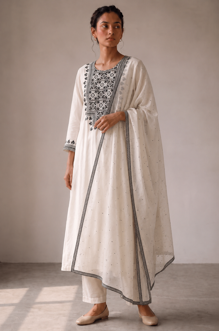 Off-white and Black Embroidered Kurta Set