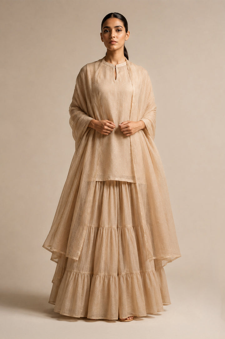 Beige Hand Embroidered Skirt Set with Kurti & Dupatta