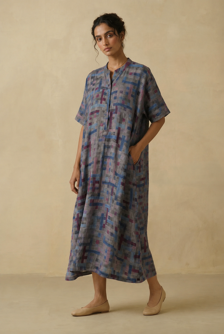 Blue Multicolour Printed Chanderi Kaftan With Slip
