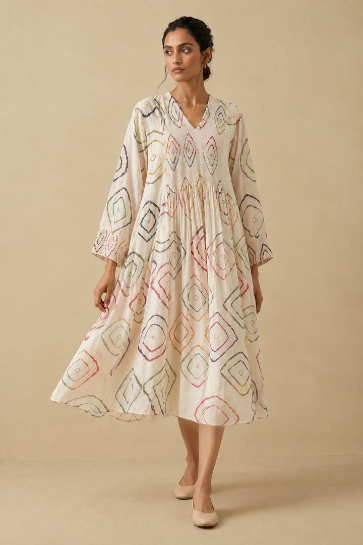 Cream Bandhani Chanderi Dress