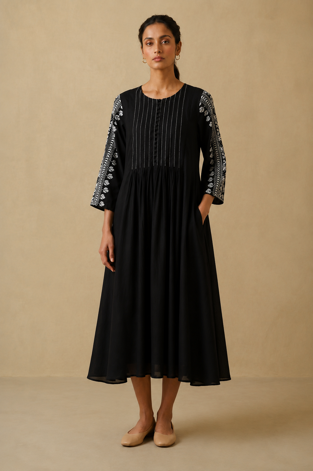 Black Cotton Silk Embroidered Dress