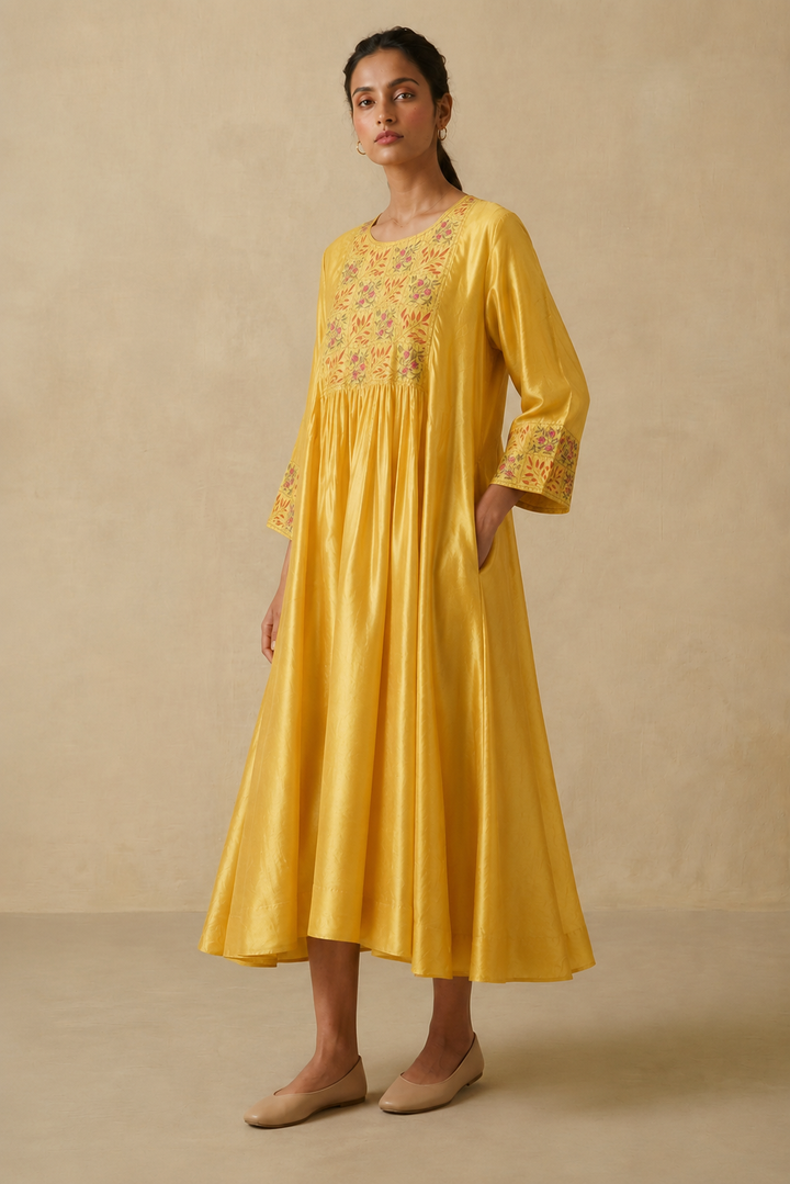 Yellow Embroidered Silk Dress