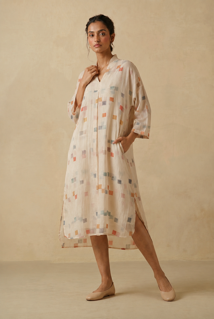 Mosaic Print Cream Chanderi Tunic With Slip