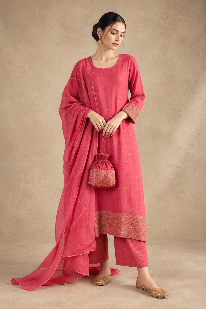 Coral Hand Embroidered Suit Set