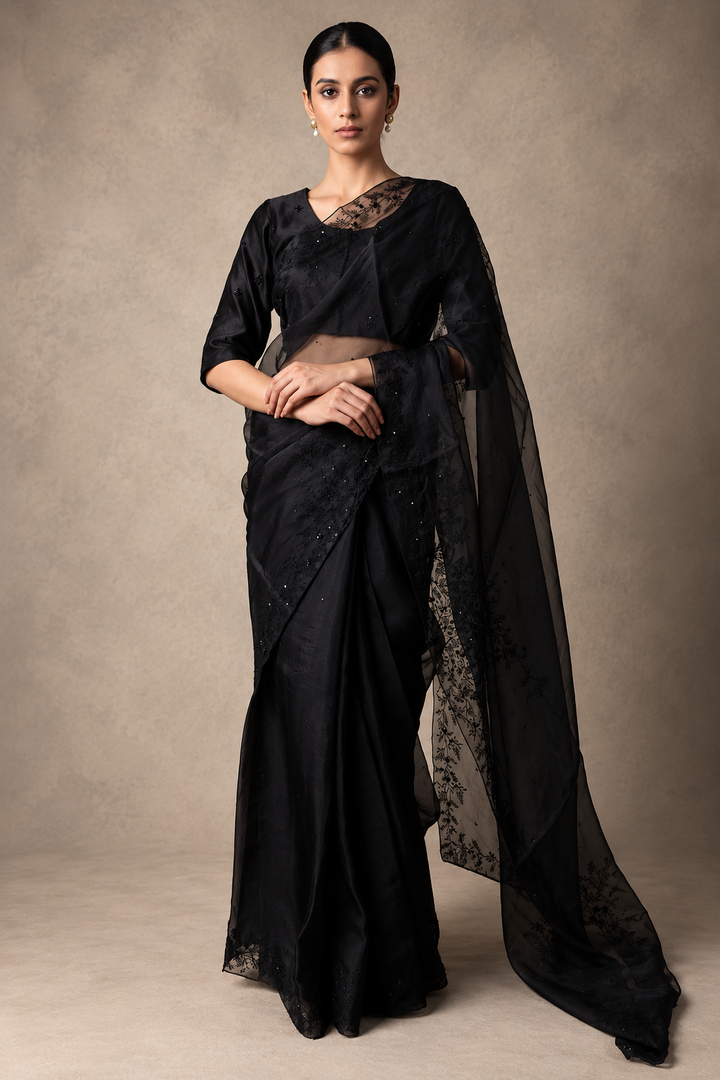 Black Hand Embroidered Organza Saree