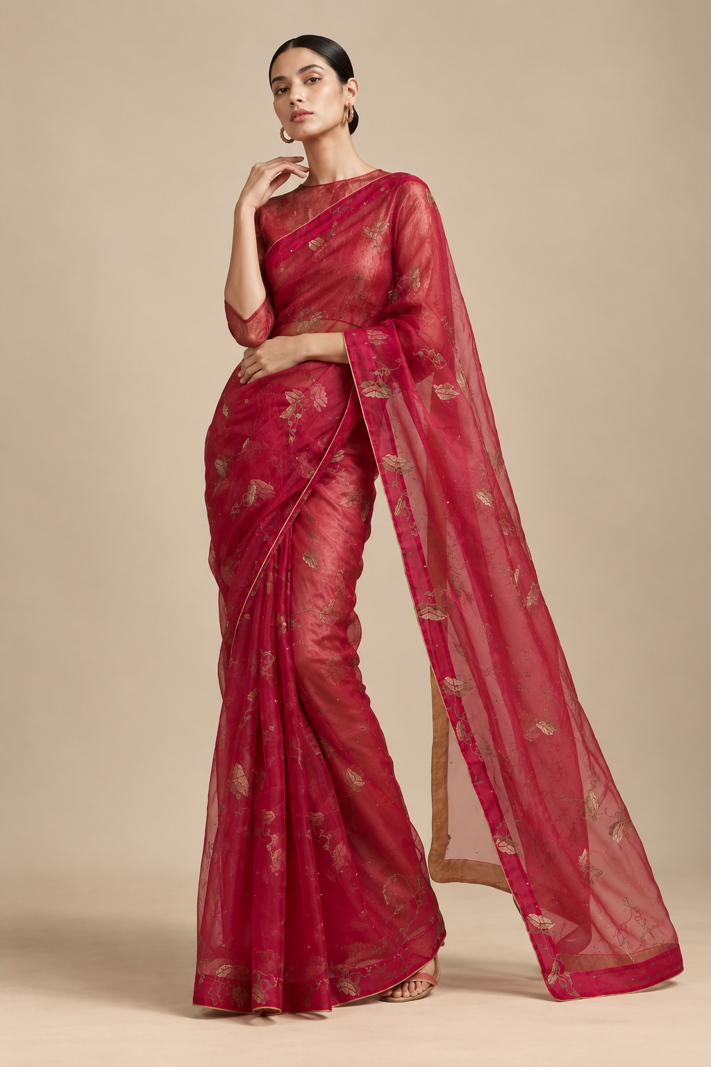 Rani Pink embroidered organza saree