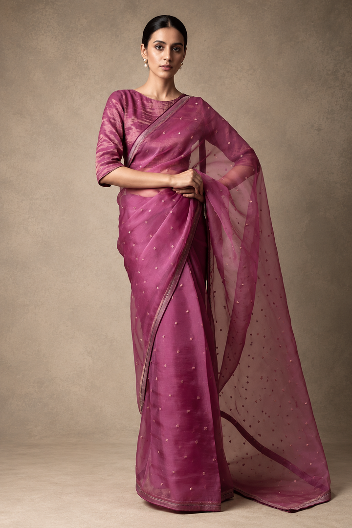 Plum Hand Embroidered Organza Saree