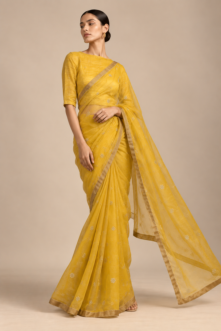 Yellow embroidered organza saree