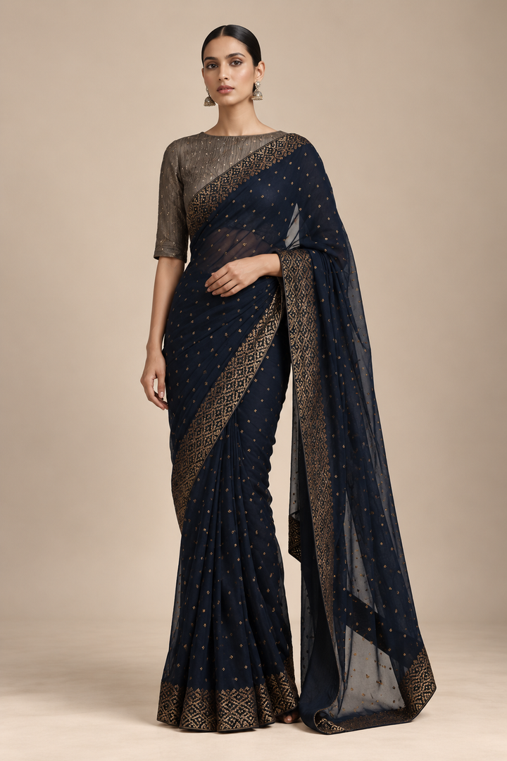 Navy Blue Georgette Embroidered Saree