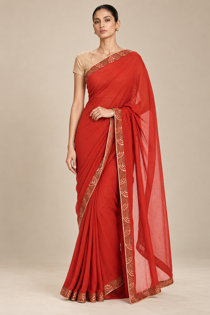 Red Embroidered Silk Georgette Saree