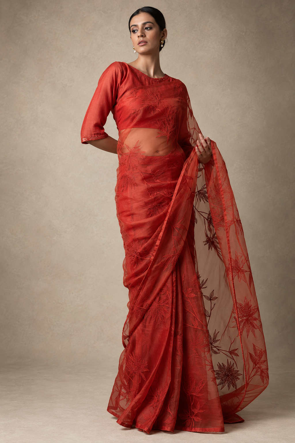 Rust Hand Embroidered Organza Saree