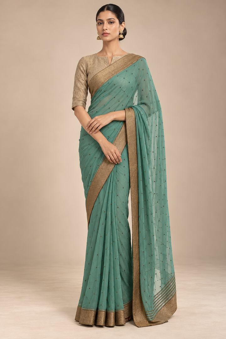 Teal Green Georgette Embroidered Saree