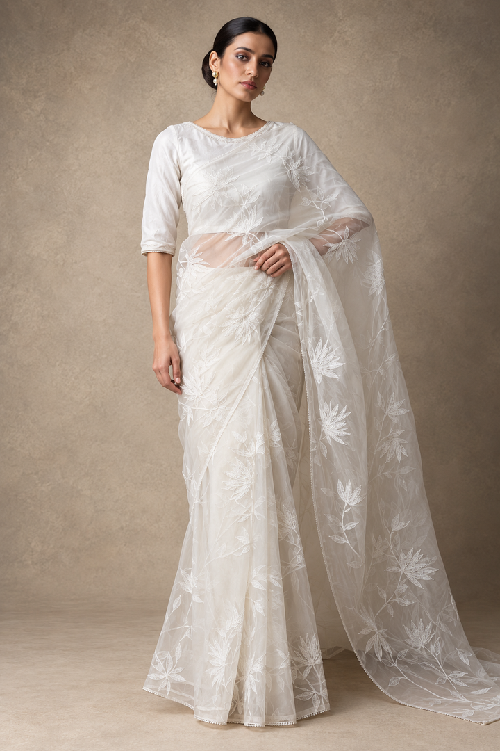 White Hand Embroidered Organza Saree