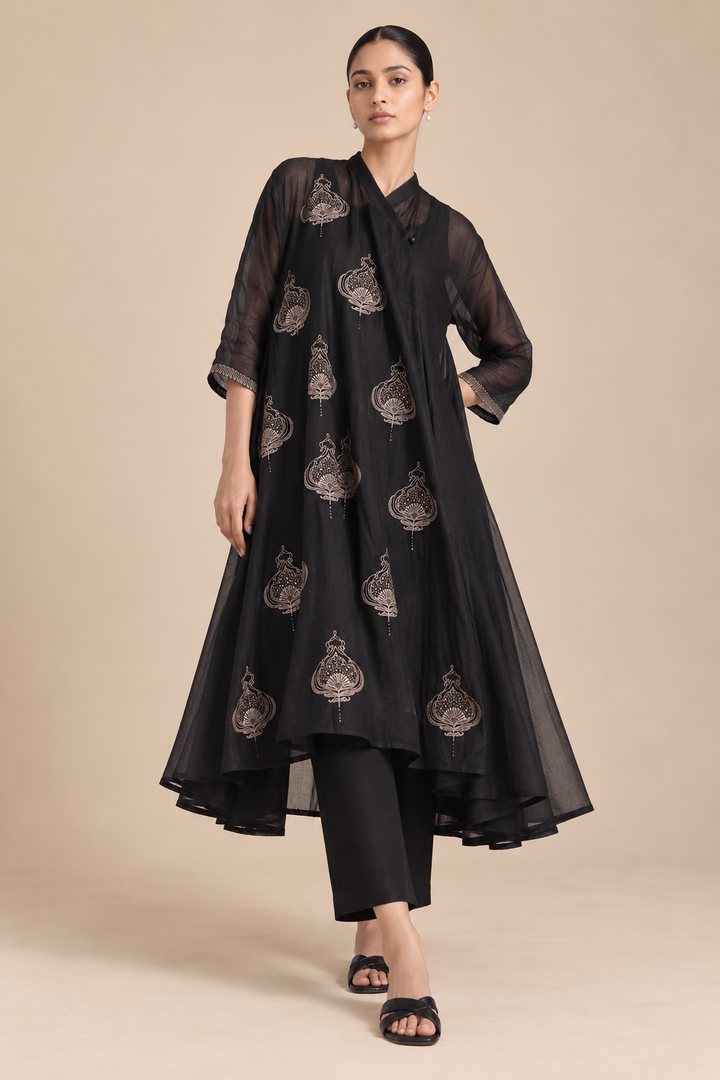 Black Embroidered Cotton Choga