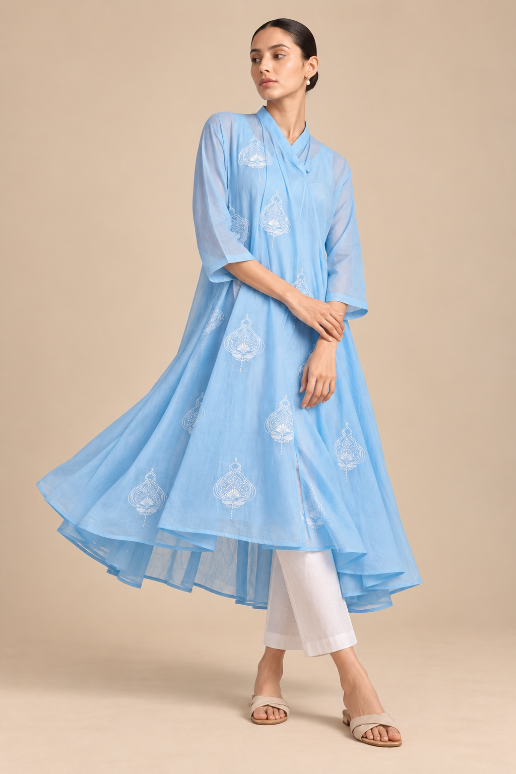 Sky Blue Embroidered Cotton Choga