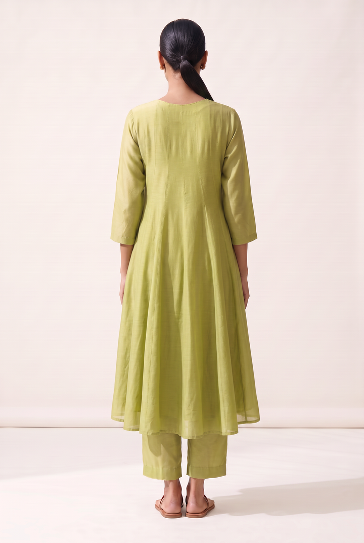 GREEN FLORAL ESCAPE MUSLIN PANELLED KURTA SET