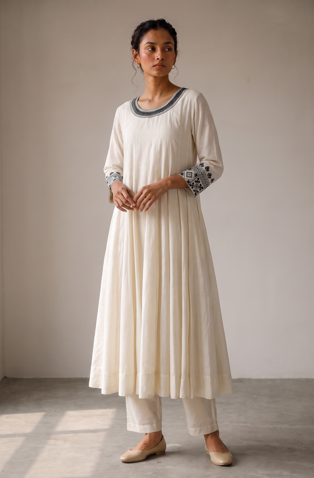 Off White & Black Embroidered Cotton Silk Kurta Set