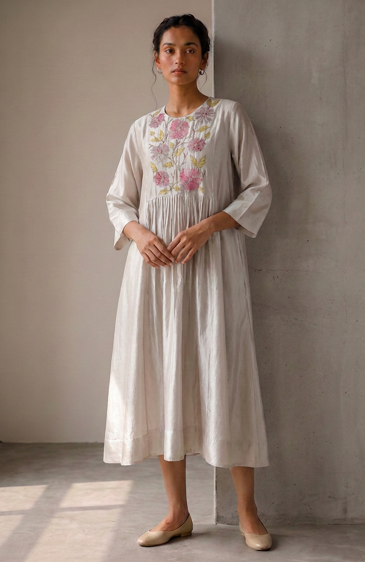 Ivory Embroidered Silk Dress