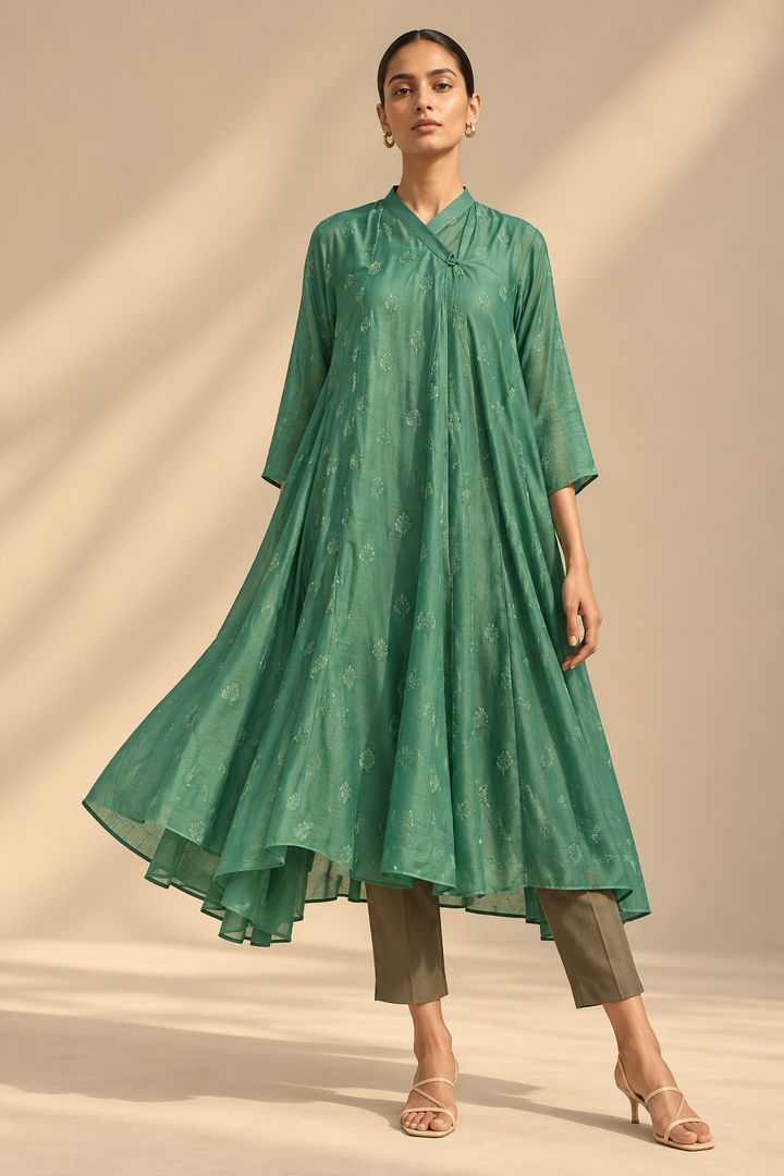 Jade Green Thread Embroidered Muslin Choga