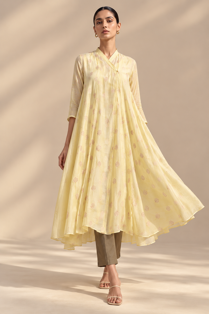 Pastel Yellow Thread Embroidered Muslin Choga