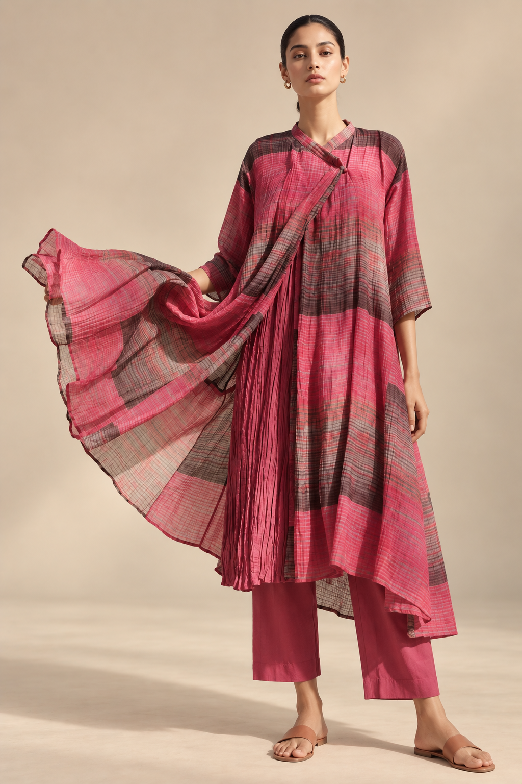 Wine Abstract Print Chanderi Choga