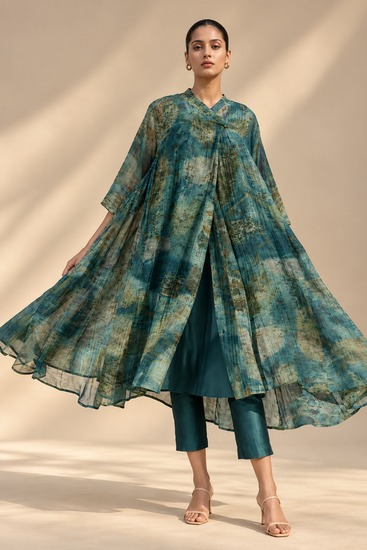 Emerald Abstract Print Chanderi Choga