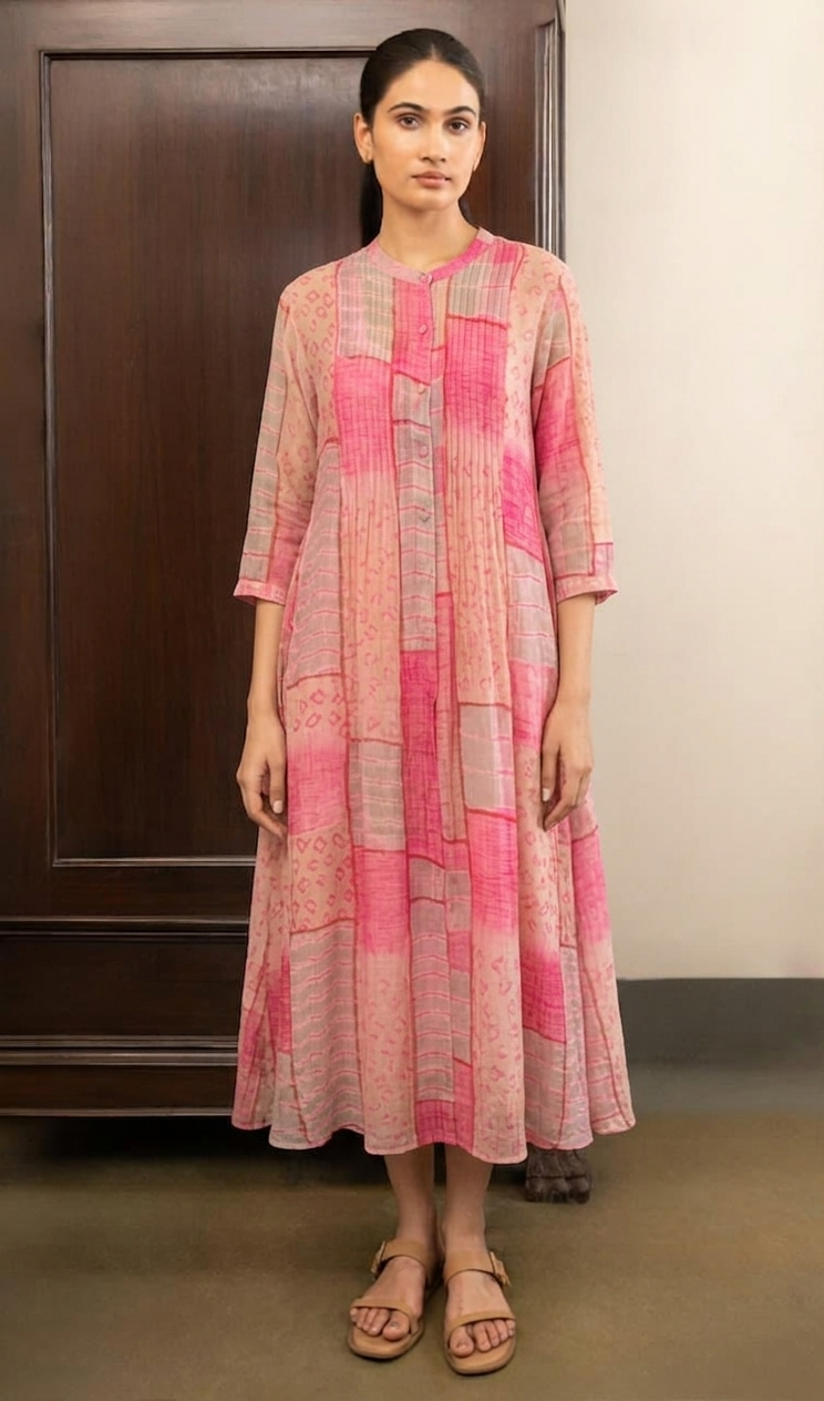Pink Abstract Print Cotton Pintucked Dress