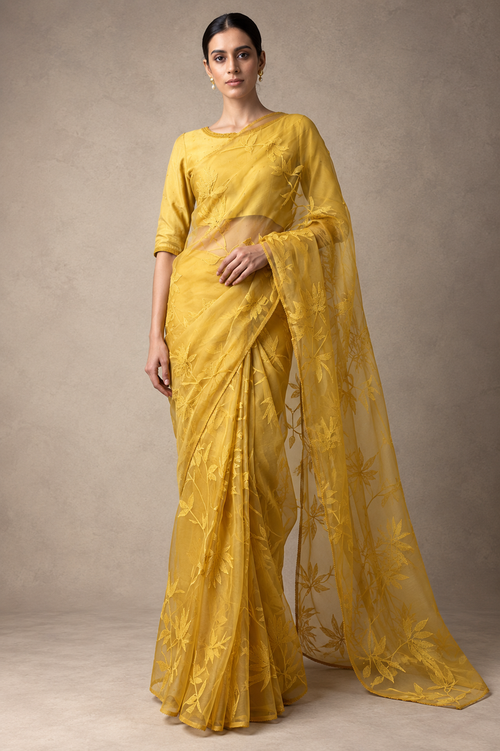 Yellow Hand Embroidered Organza Saree