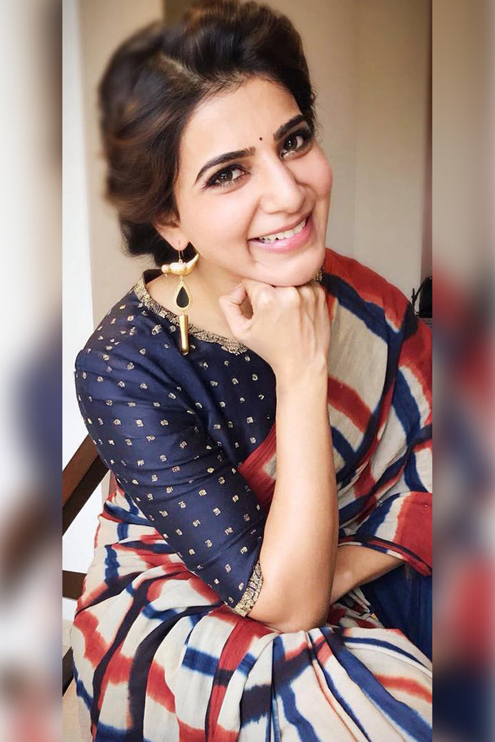 Samantha Ruth Prabhu in Navy Blue Embroidered Chanderi Blouse