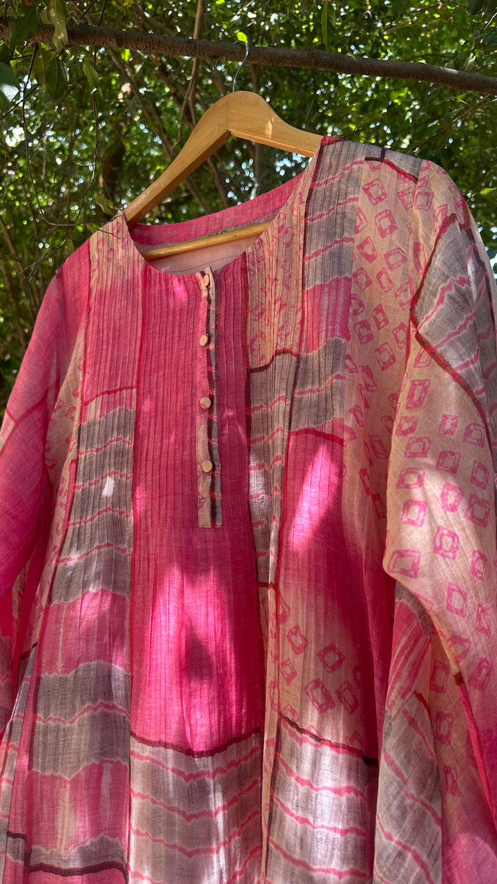 Pink Abstract Print Cotton Pintucked Dress