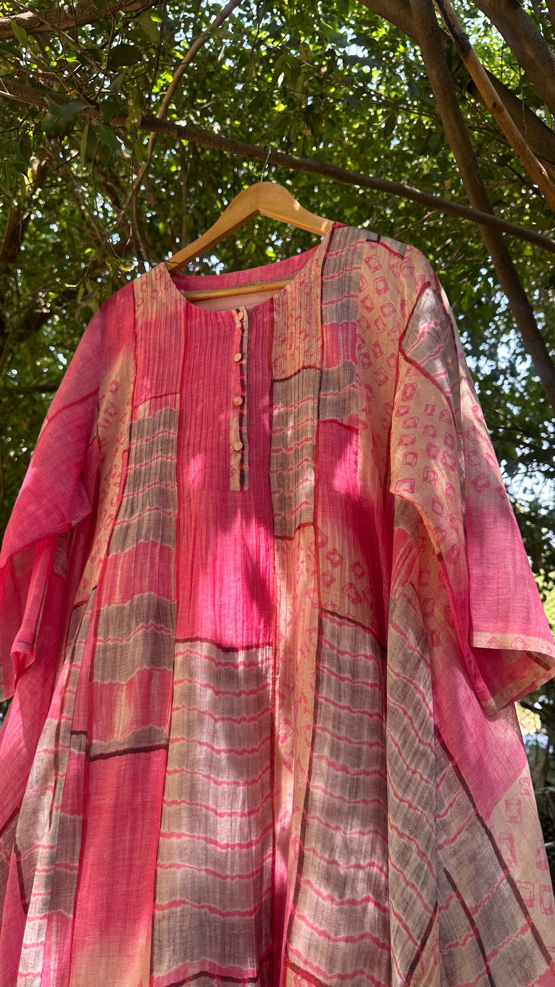 Pink Abstract Print Cotton Pintucked Dress